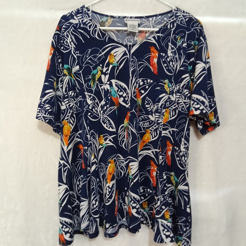 Bon Worth Womens Large Petite Navy Blue Parrot Tropical Print Knit Top